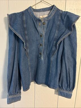LOFT Blue Denim Ruffle-Shoulder Button Pullover